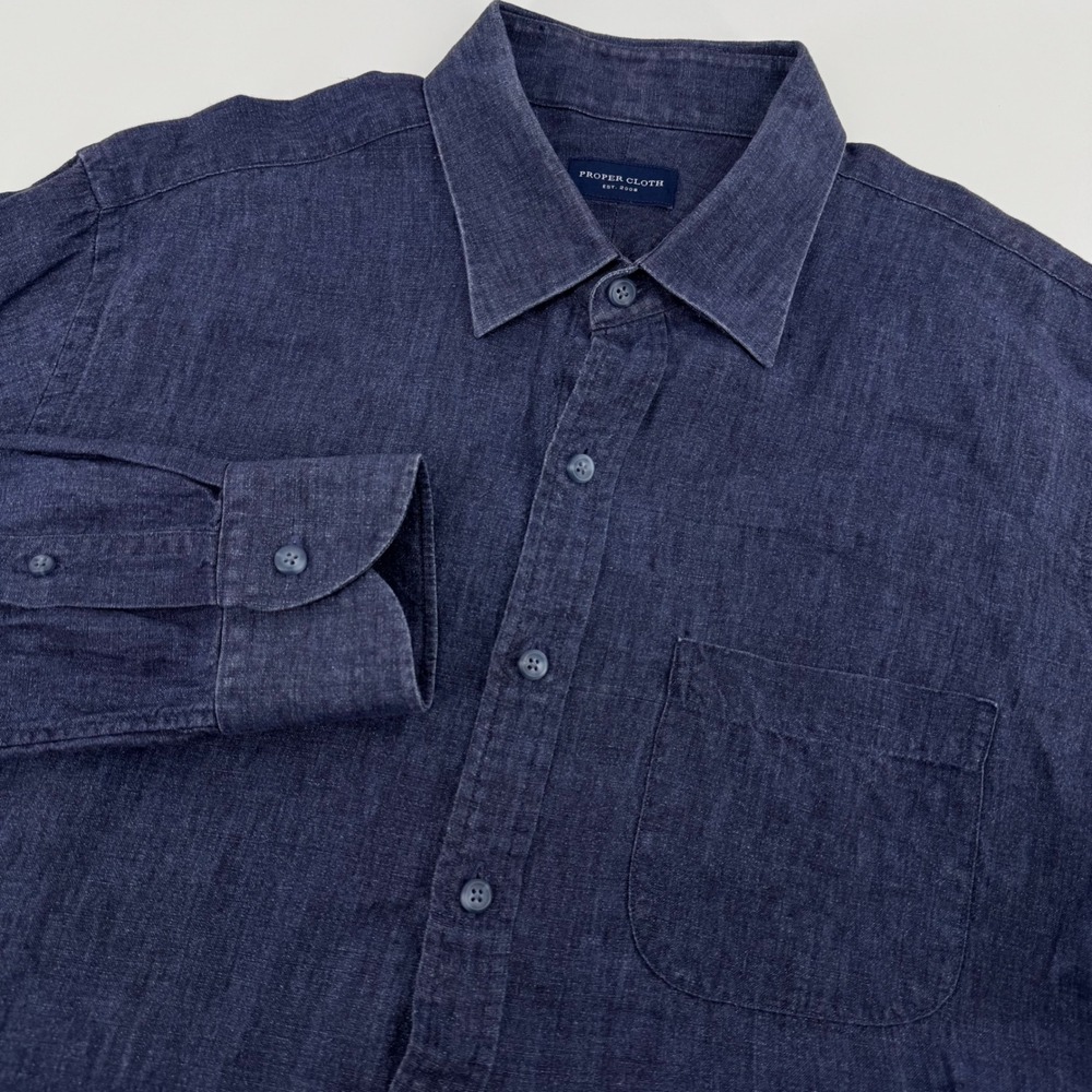Proper Cloth Linen Button Down Mens 16-35.2 Large Navy Blue Long Sleeve Shirt
